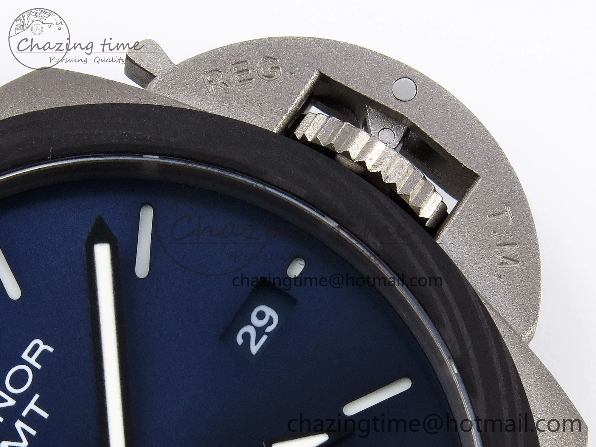 Sporty PAM1279 X LUMINOR GMT 42MM TITANIUM VSF 1:1 BEST EDITION BLUE DIAL ON BLACK LEATHER STRAP P.9011 SUPER CLONE 8348