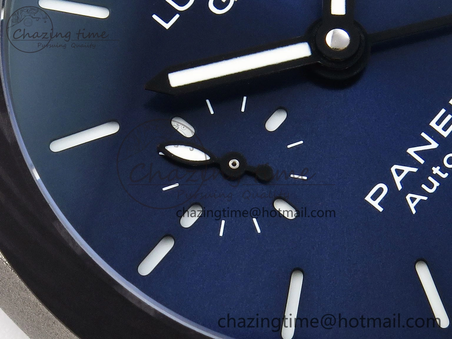Sporty PAM1279 X LUMINOR GMT 42MM TITANIUM VSF 1:1 BEST EDITION BLUE DIAL ON BLACK LEATHER STRAP P.9011 SUPER CLONE 8348