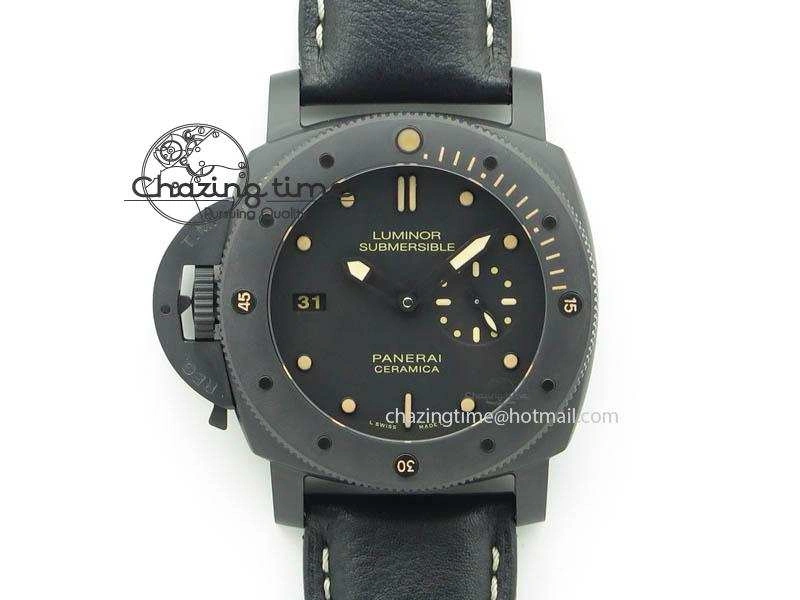 HighQuality PAM607 Q V6F Best Edition Real Ceramic on Black Leather Strap P 8572