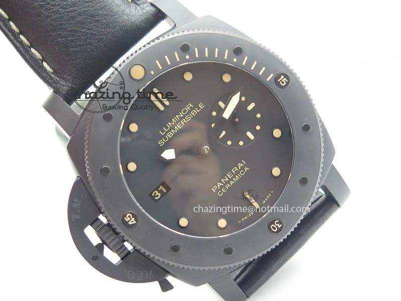 HighQuality PAM607 Q V6F Best Edition Real Ceramic on Black Leather Strap P 8572