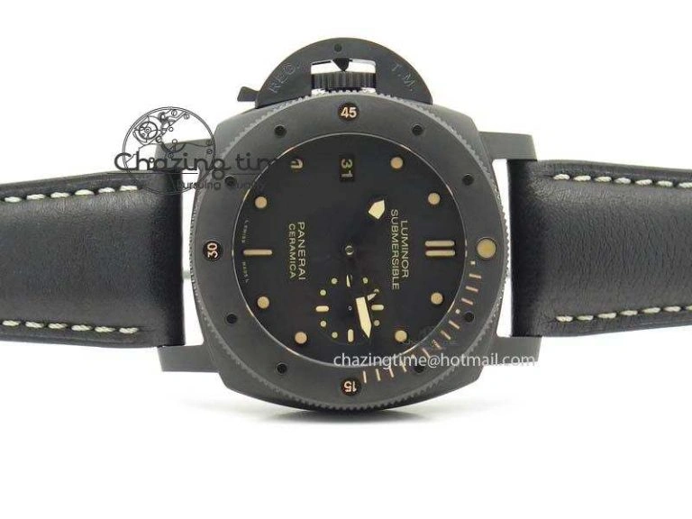 HighQuality PAM607 Q V6F Best Edition Real Ceramic on Black Leather Strap P 8572