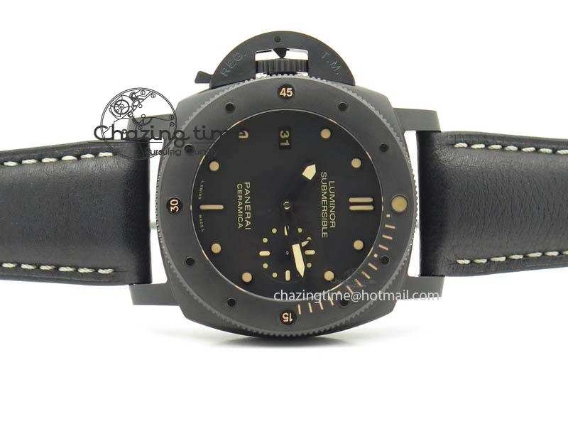 HighQuality PAM607 Q V6F Best Edition Real Ceramic on Black Leather Strap P 8572