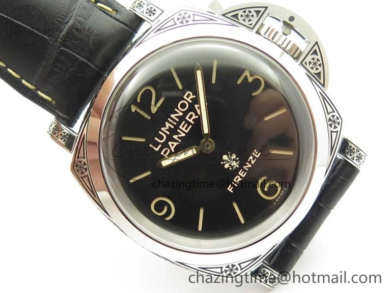 PAM972 Luminor 1950 Firenze 3 Days Engraved Case & Movement V9F Best Edition on Black Leather Strap P.3000 Super Clone Unisex 8423