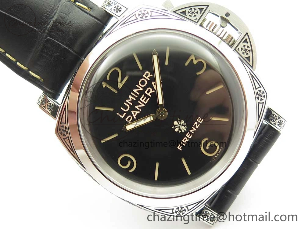 PAM972 Luminor 1950 Firenze 3 Days Engraved Case & Movement V9F Best Edition on Black Leather Strap P.3000 Super Clone Unisex 8423