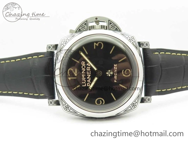 PAM972 Luminor 1950 Firenze 3 Days Engraved Case & Movement V9F Best Edition on Black Leather Strap P.3000 Super Clone Unisex 8423