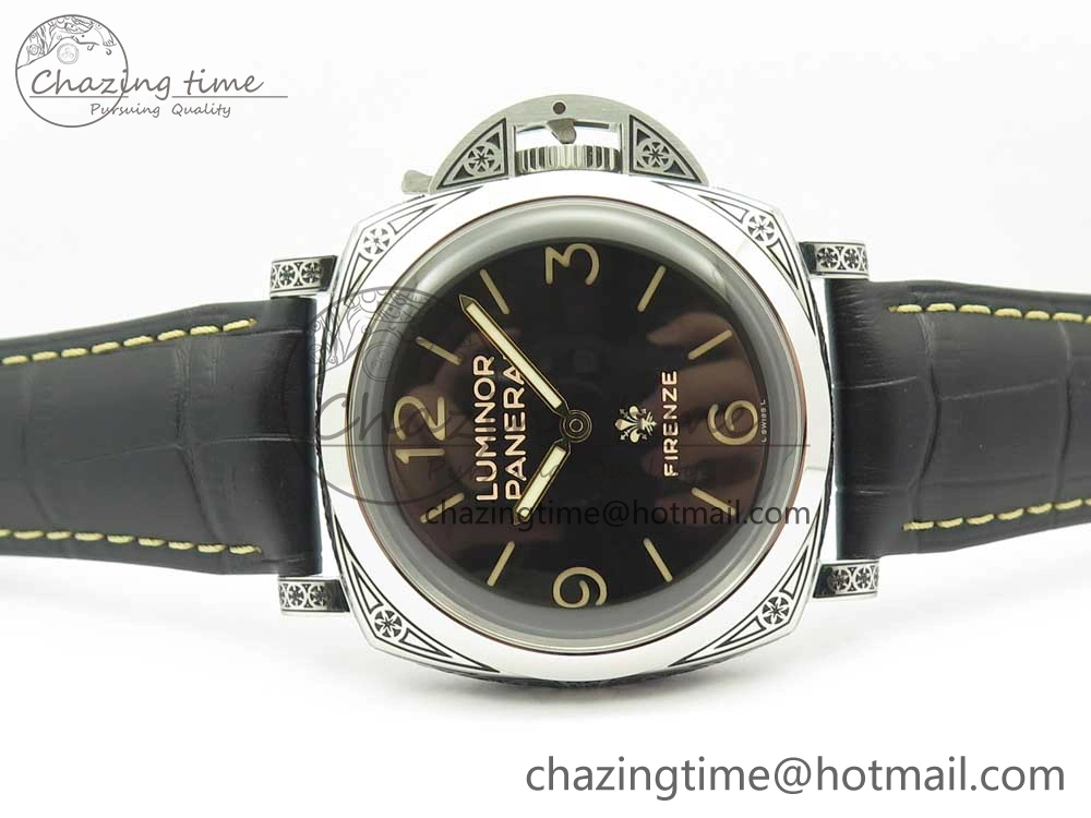 PAM972 Luminor 1950 Firenze 3 Days Engraved Case & Movement V9F Best Edition on Black Leather Strap P.3000 Super Clone Unisex 8423