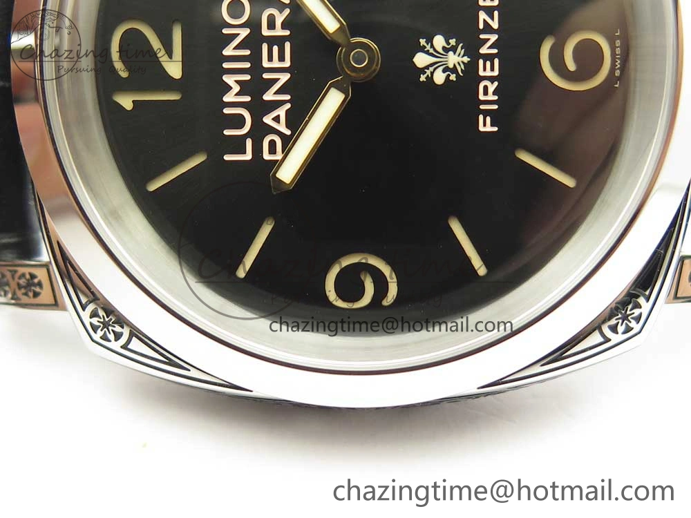 PAM972 Luminor 1950 Firenze 3 Days Engraved Case & Movement V9F Best Edition on Black Leather Strap P.3000 Super Clone Unisex 8423
