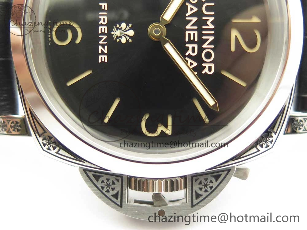 PAM972 Luminor 1950 Firenze 3 Days Engraved Case & Movement V9F Best Edition on Black Leather Strap P.3000 Super Clone Unisex 8423