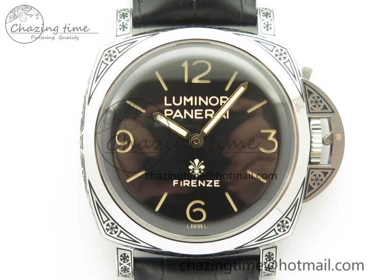 PAM972 Luminor 1950 Firenze 3 Days Engraved Case & Movement V9F Best Edition on Black Leather Strap P.3000 Super Clone Unisex 8423