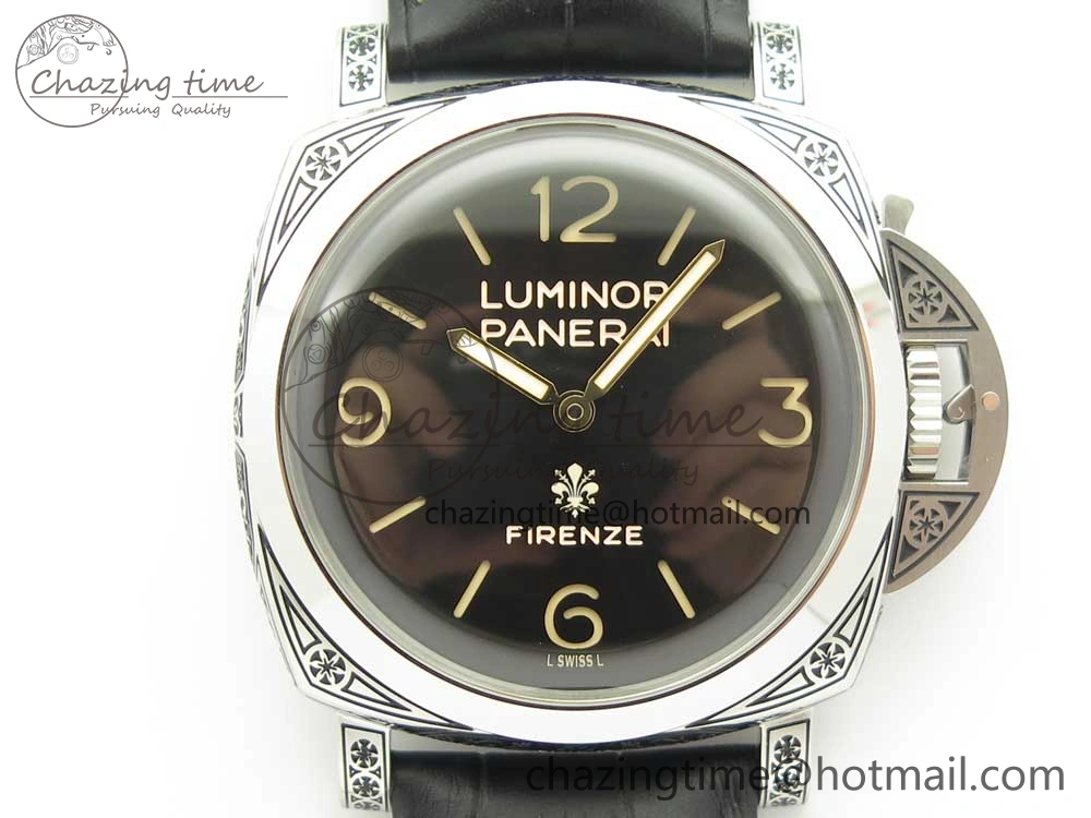 PAM972 Luminor 1950 Firenze 3 Days Engraved Case & Movement V9F Best Edition on Black Leather Strap P.3000 Super Clone Unisex 8423