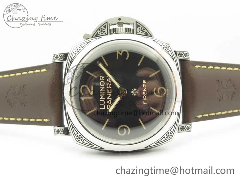 Compact PAM972 Luminor 1950 Firenze 3 Days Engraved Case & Movement V9F Best Edition on Brown Leather Strap P.3000 Super Clone 8422