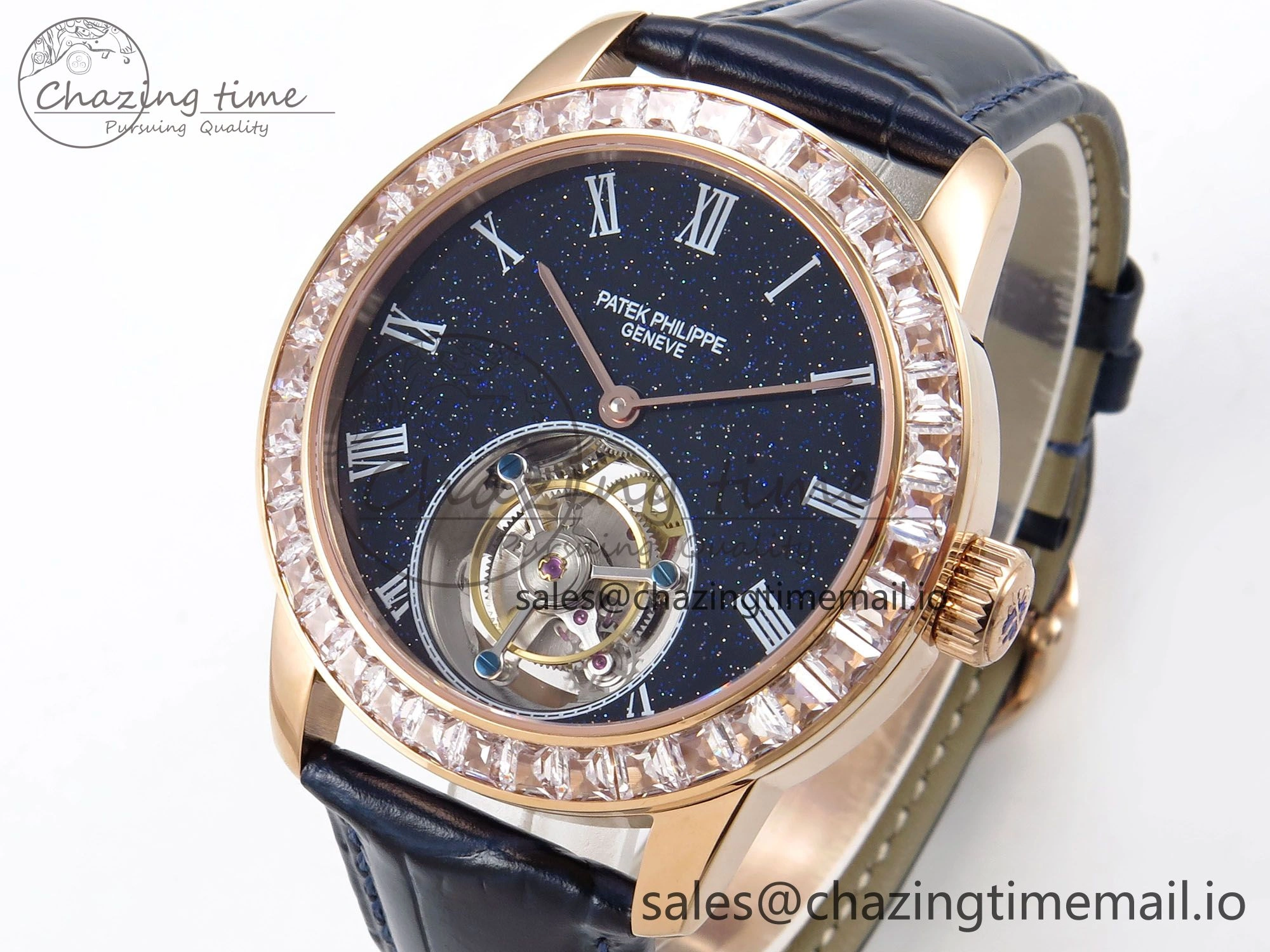 PP Tourbillon RG Diamonds Bezel RMSF Edition Black Starry Dial on Blue Leather Strap Contemporary 8682