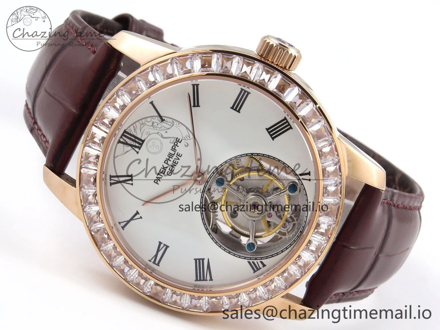 PP Tourbillon RG Diamonds Bezel RMSF Edition White Dial on Brown Leather Strap SportInspired 8681