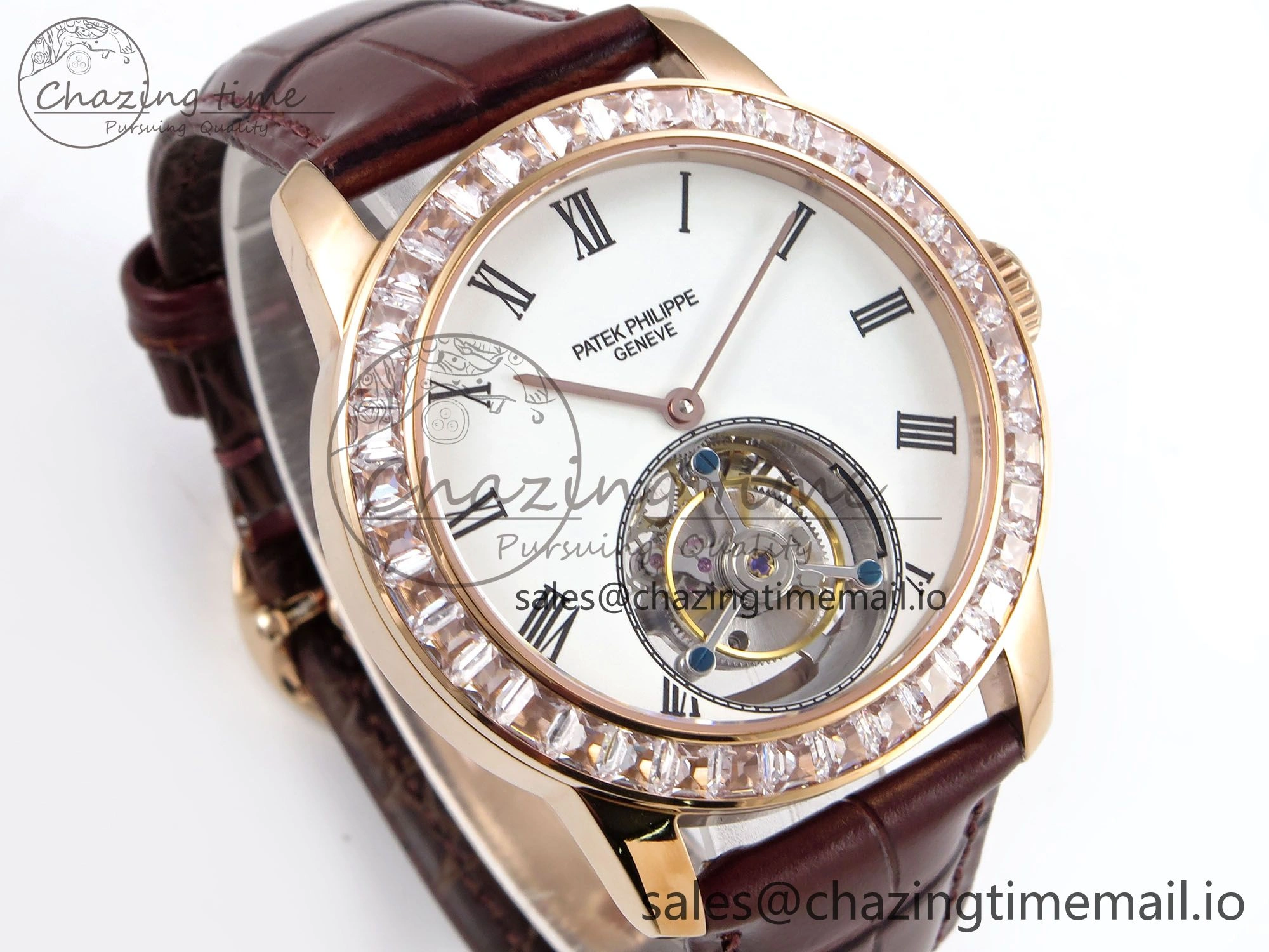 PP Tourbillon RG Diamonds Bezel RMSF Edition White Dial on Brown Leather Strap SportInspired 8681