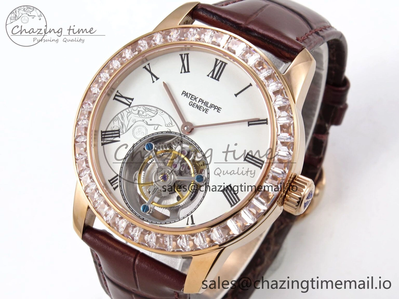 PP Tourbillon RG Diamonds Bezel RMSF Edition White Dial on Brown Leather Strap SportInspired 8681