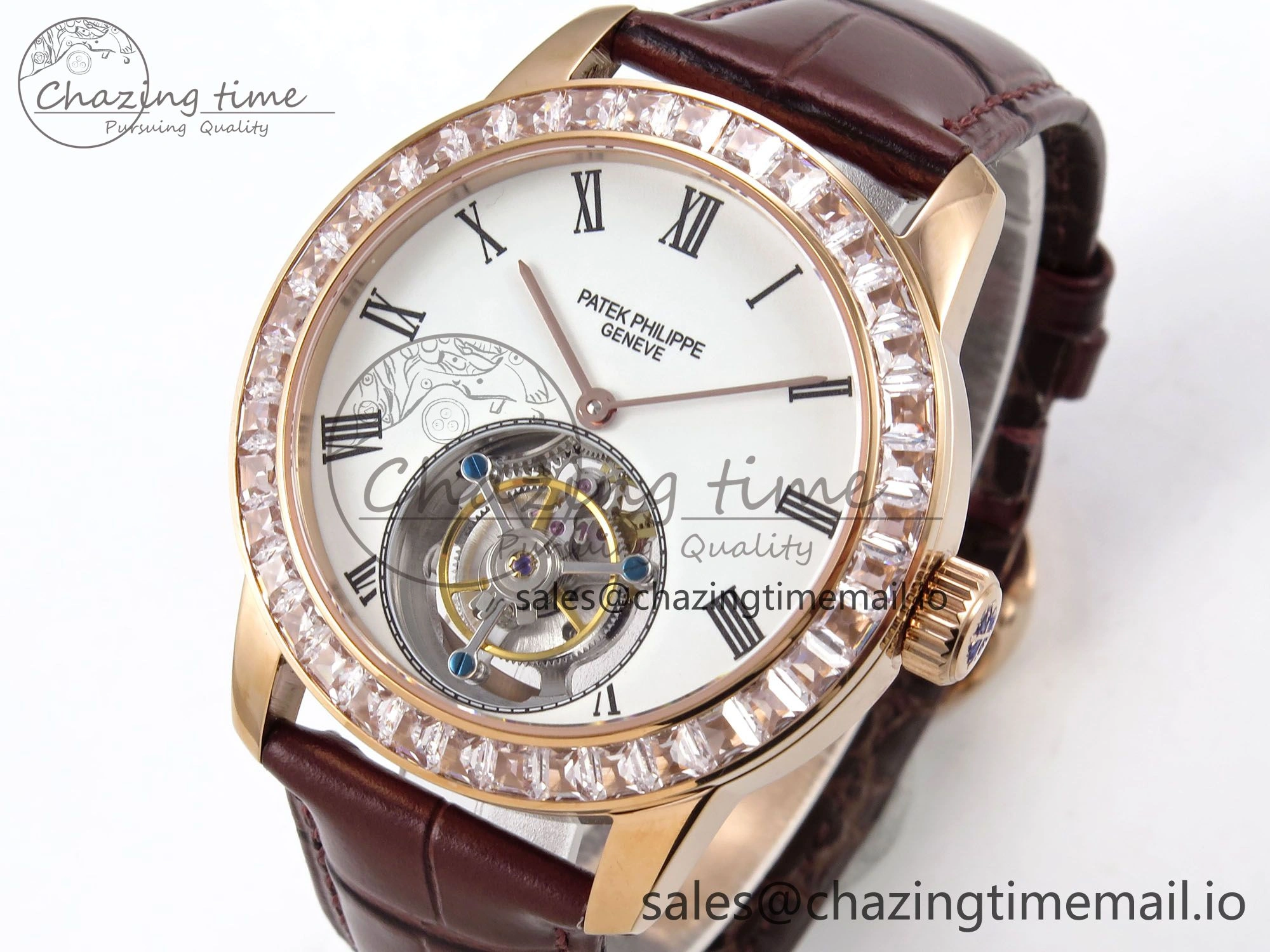 PP Tourbillon RG Diamonds Bezel RMSF Edition White Dial on Brown Leather Strap SportInspired 8681
