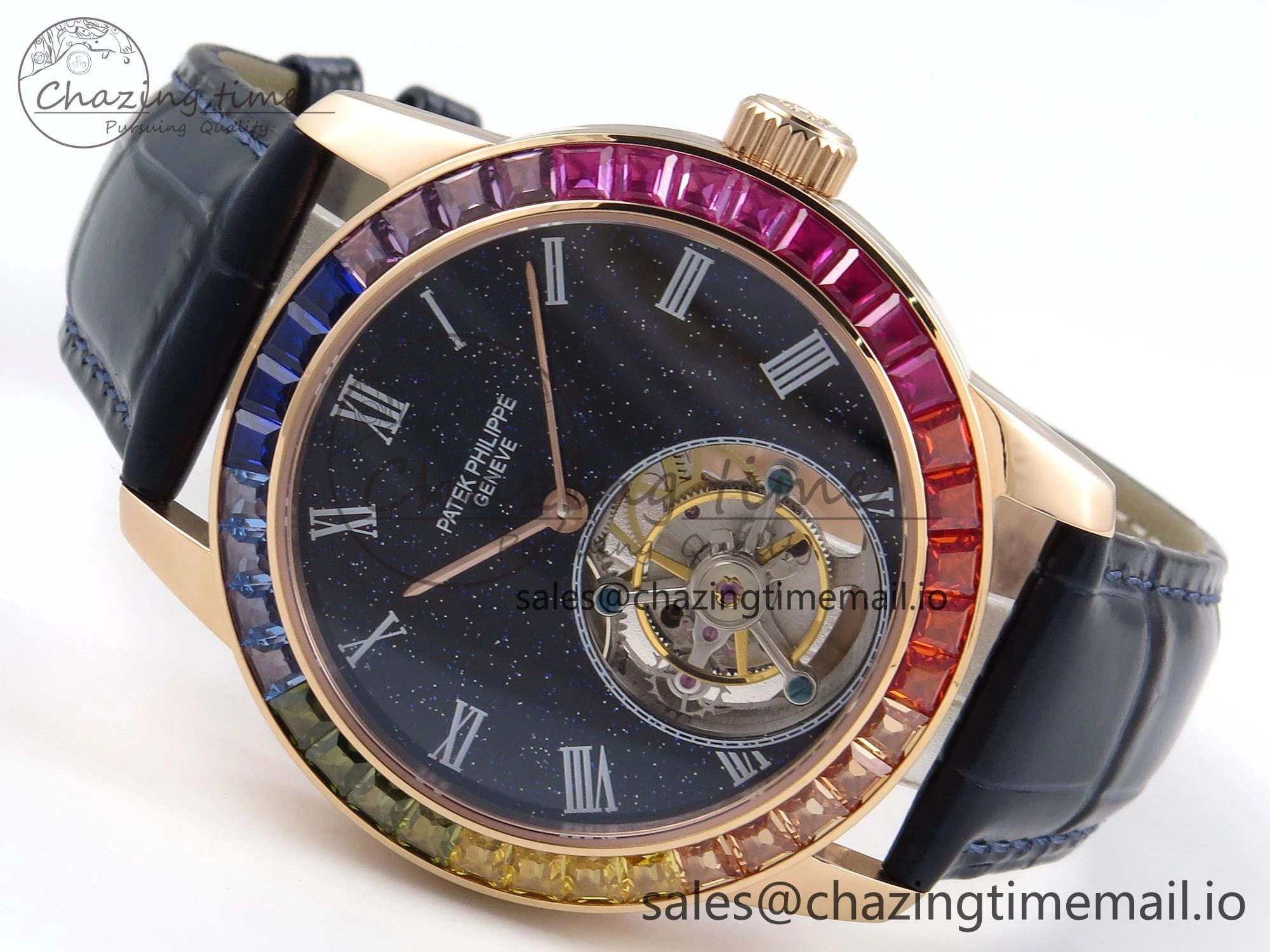 PP Tourbillon RG Rainbow Bezel RMSF Edition Black Starry Dial on Blue Leather Strap Tailored 8685