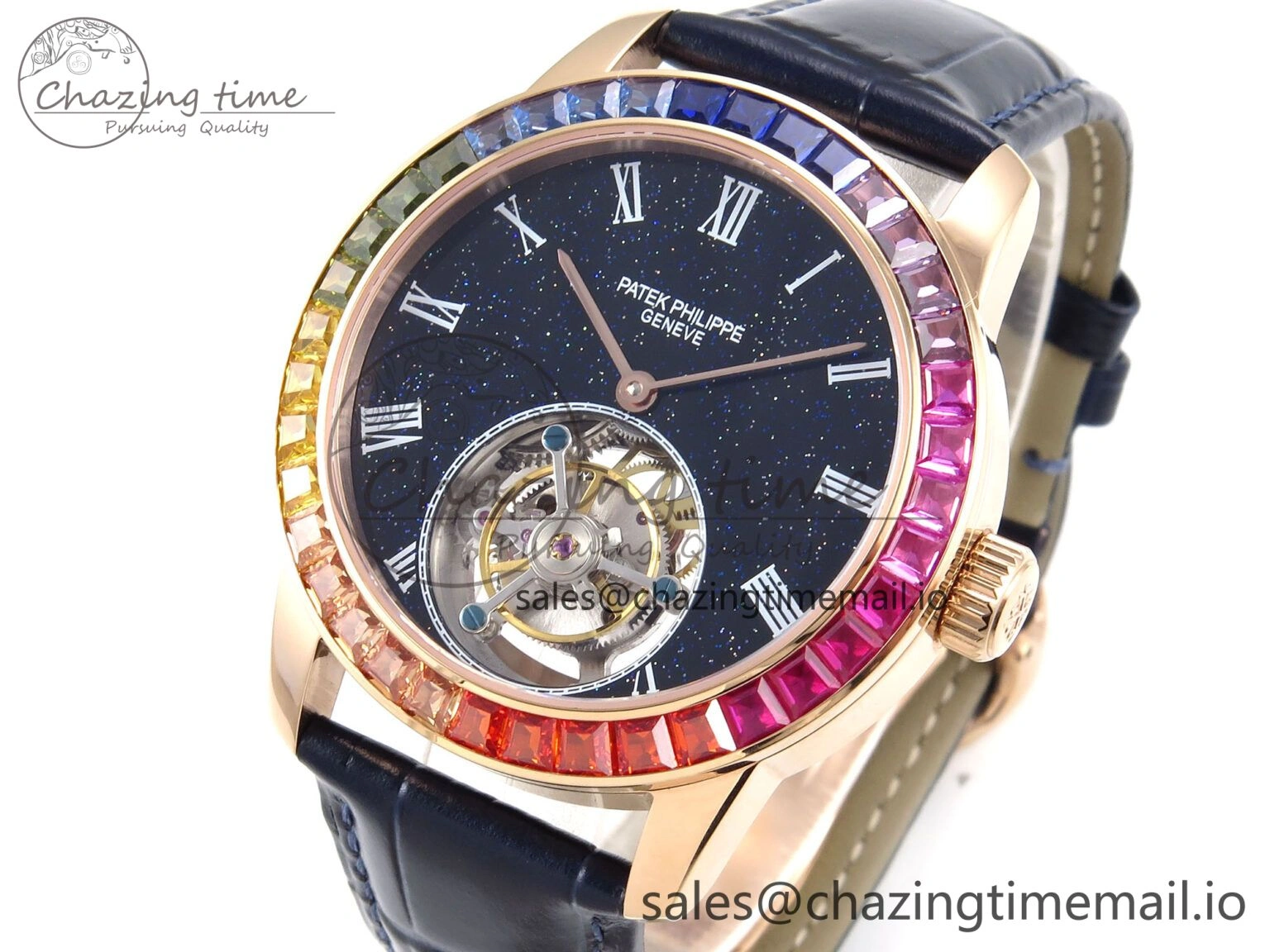 PP Tourbillon RG Rainbow Bezel RMSF Edition Black Starry Dial on Blue Leather Strap Tailored 8685
