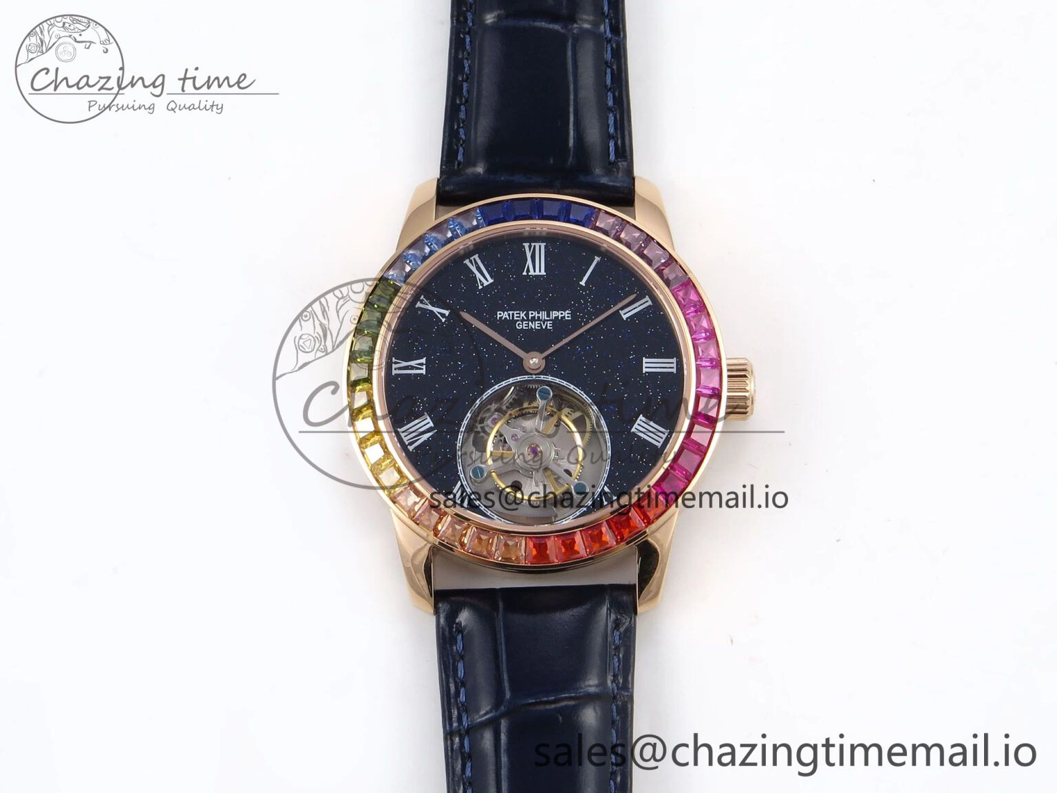 PP Tourbillon RG Rainbow Bezel RMSF Edition Black Starry Dial on Blue Leather Strap Tailored 8685
