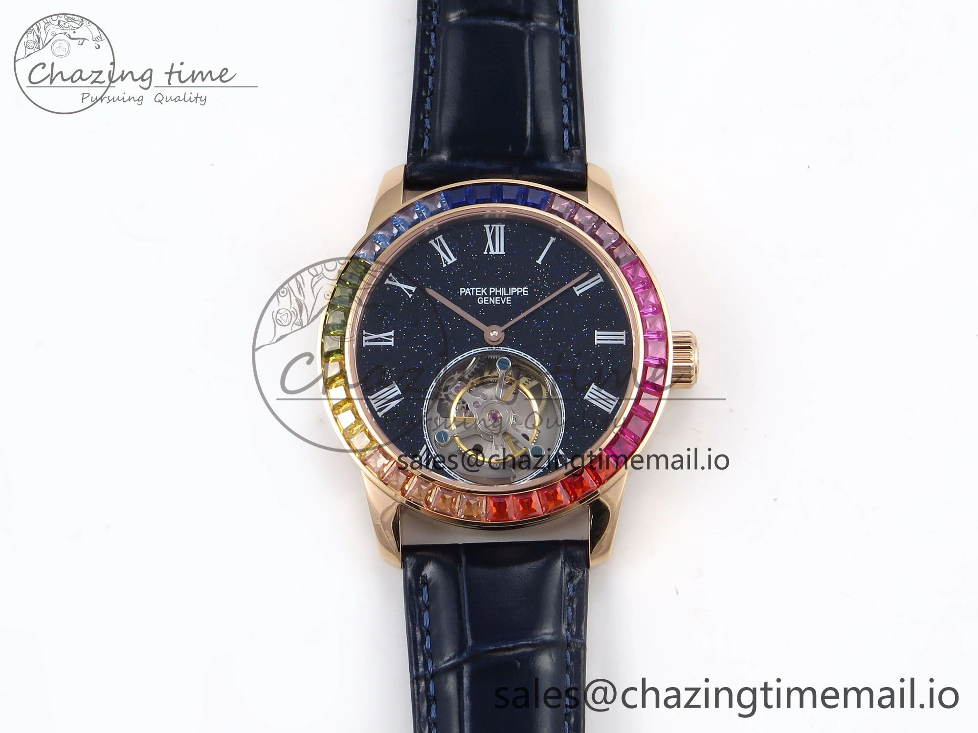 PP Tourbillon RG Rainbow Bezel RMSF Edition Black Starry Dial on Blue Leather Strap Tailored 8685