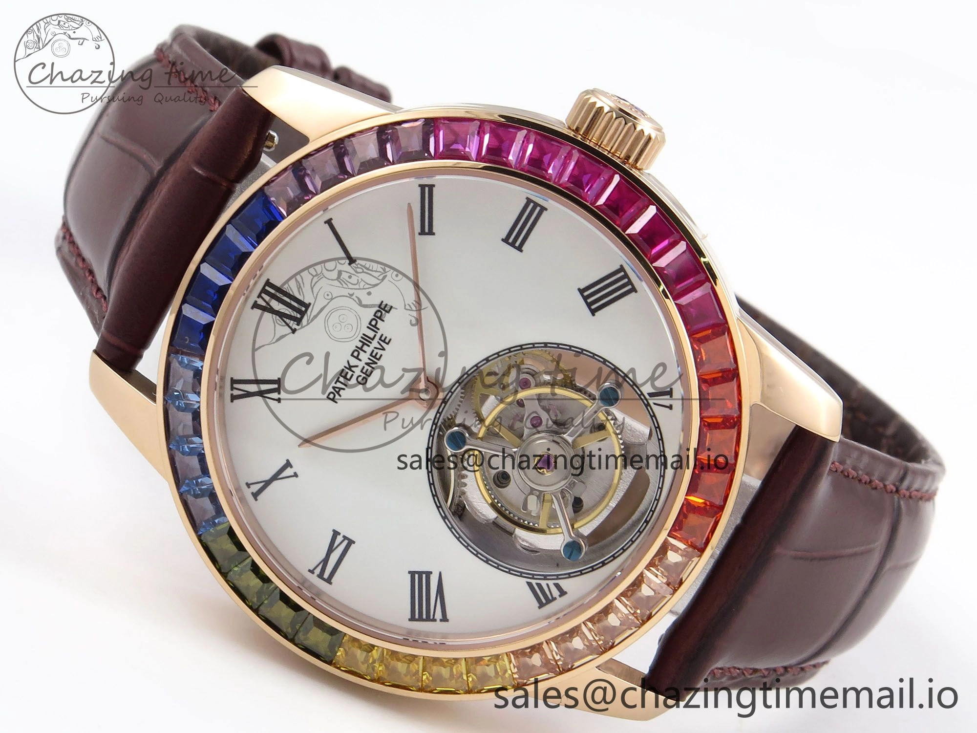 Sleek PP Tourbillon RG Rainbow Bezel RMSF Edition White Dial on Brown Leather Strap 8686
