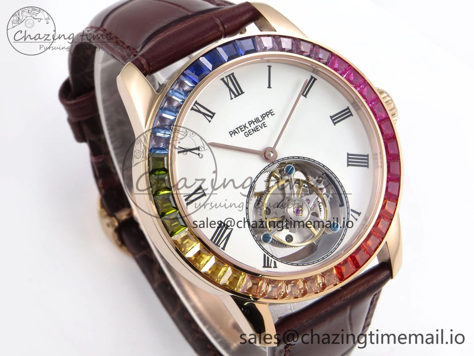 Sleek PP Tourbillon RG Rainbow Bezel RMSF Edition White Dial on Brown Leather Strap 8686