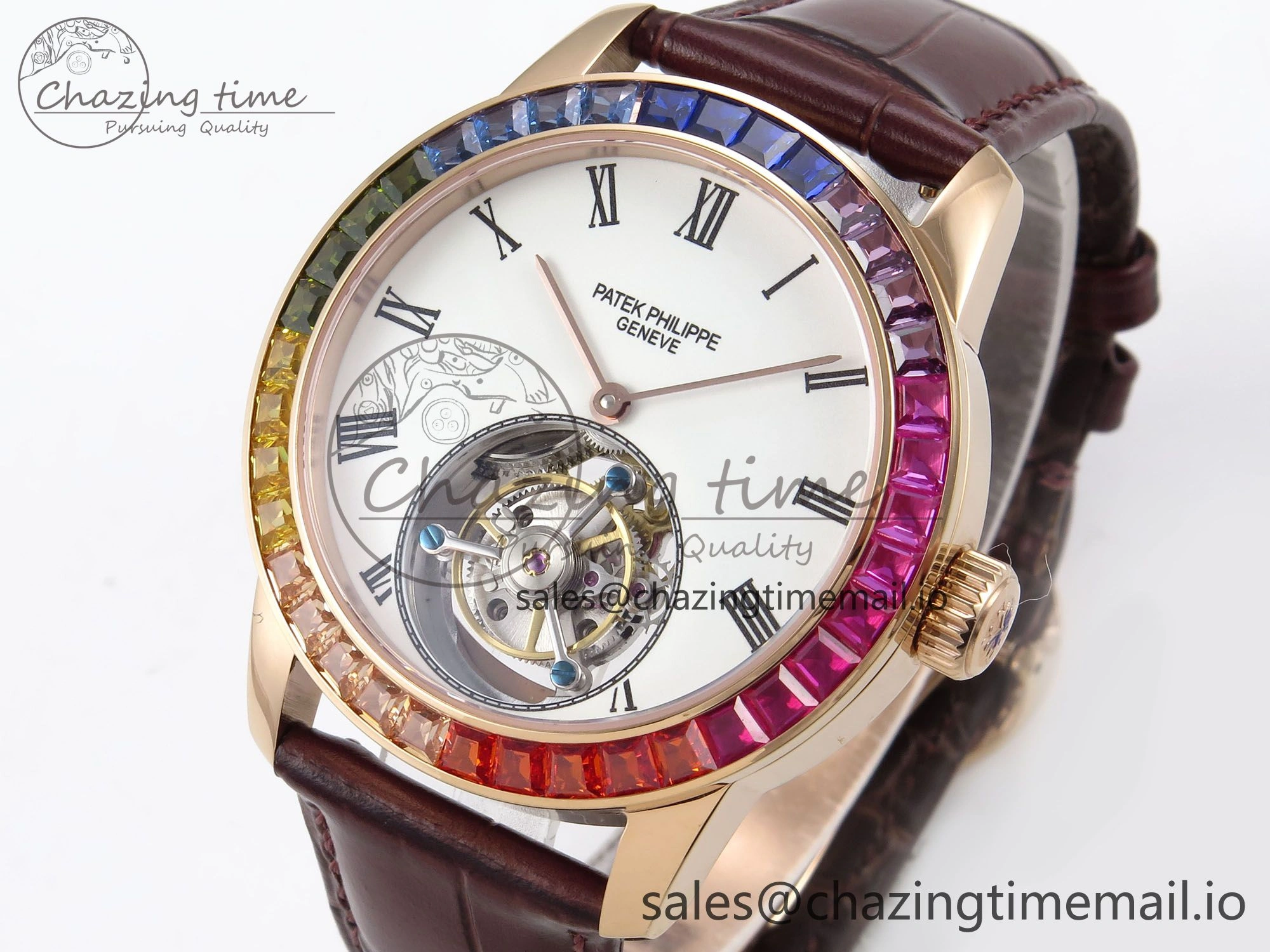 Sleek PP Tourbillon RG Rainbow Bezel RMSF Edition White Dial on Brown Leather Strap 8686