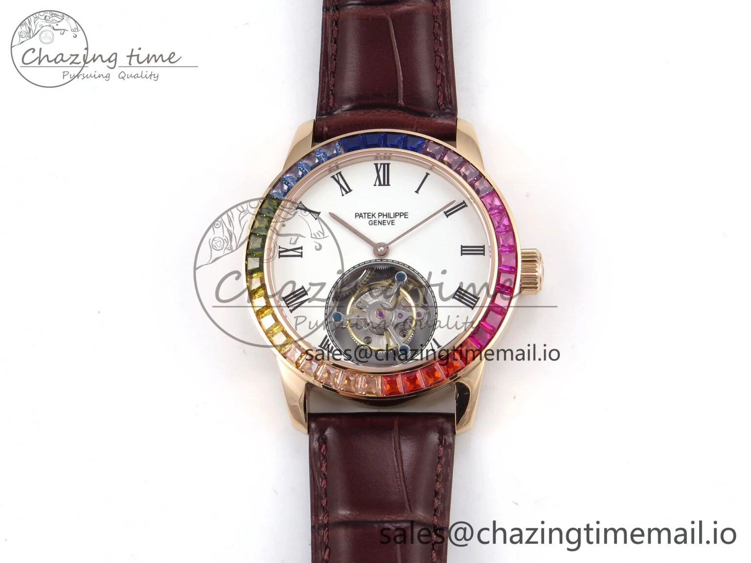 Sleek PP Tourbillon RG Rainbow Bezel RMSF Edition White Dial on Brown Leather Strap 8686