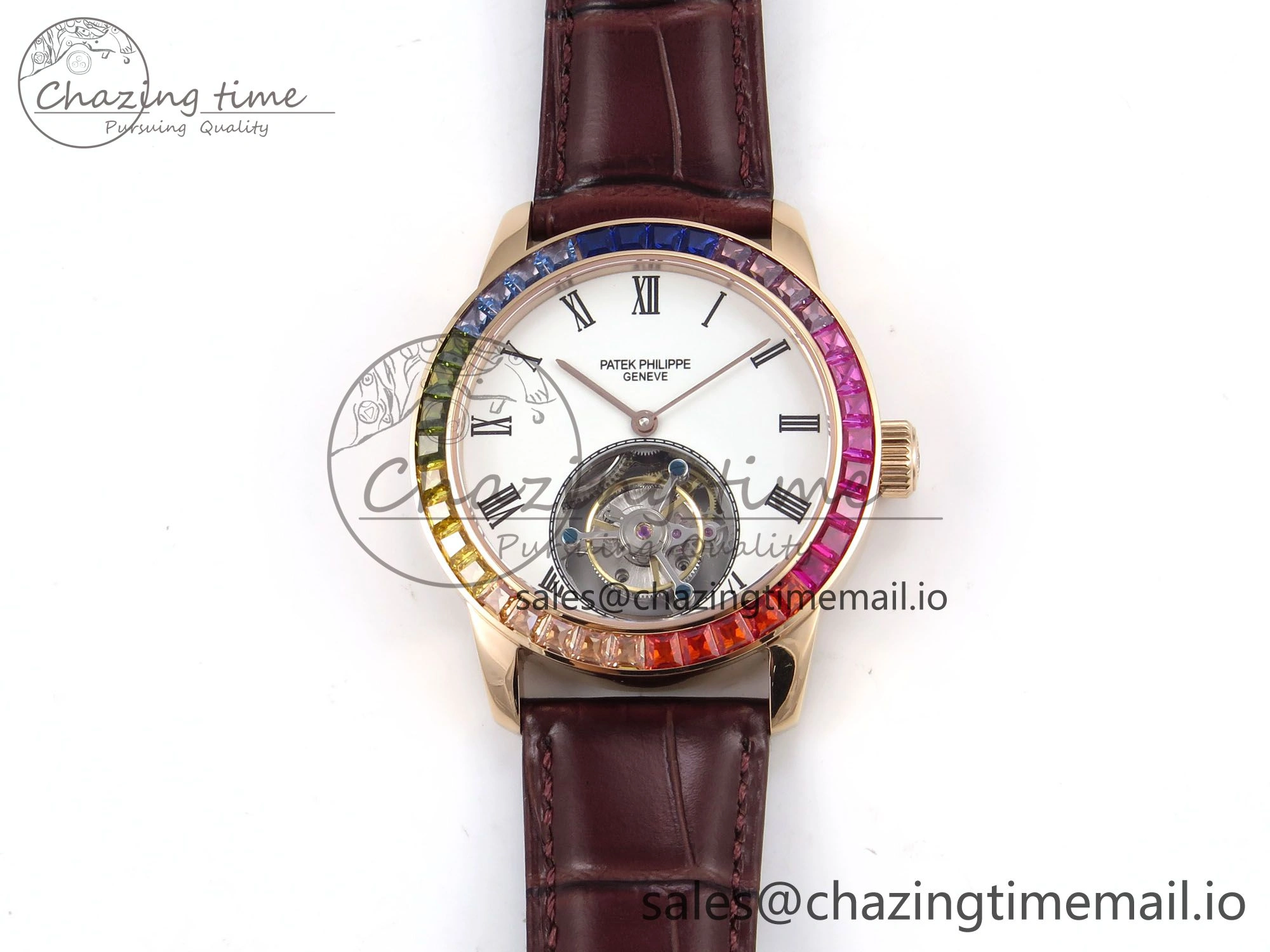 Sleek PP Tourbillon RG Rainbow Bezel RMSF Edition White Dial on Brown Leather Strap 8686