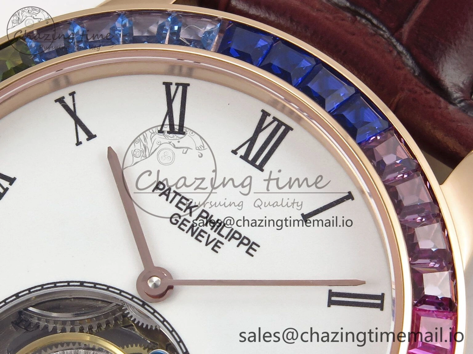 Sleek PP Tourbillon RG Rainbow Bezel RMSF Edition White Dial on Brown Leather Strap 8686