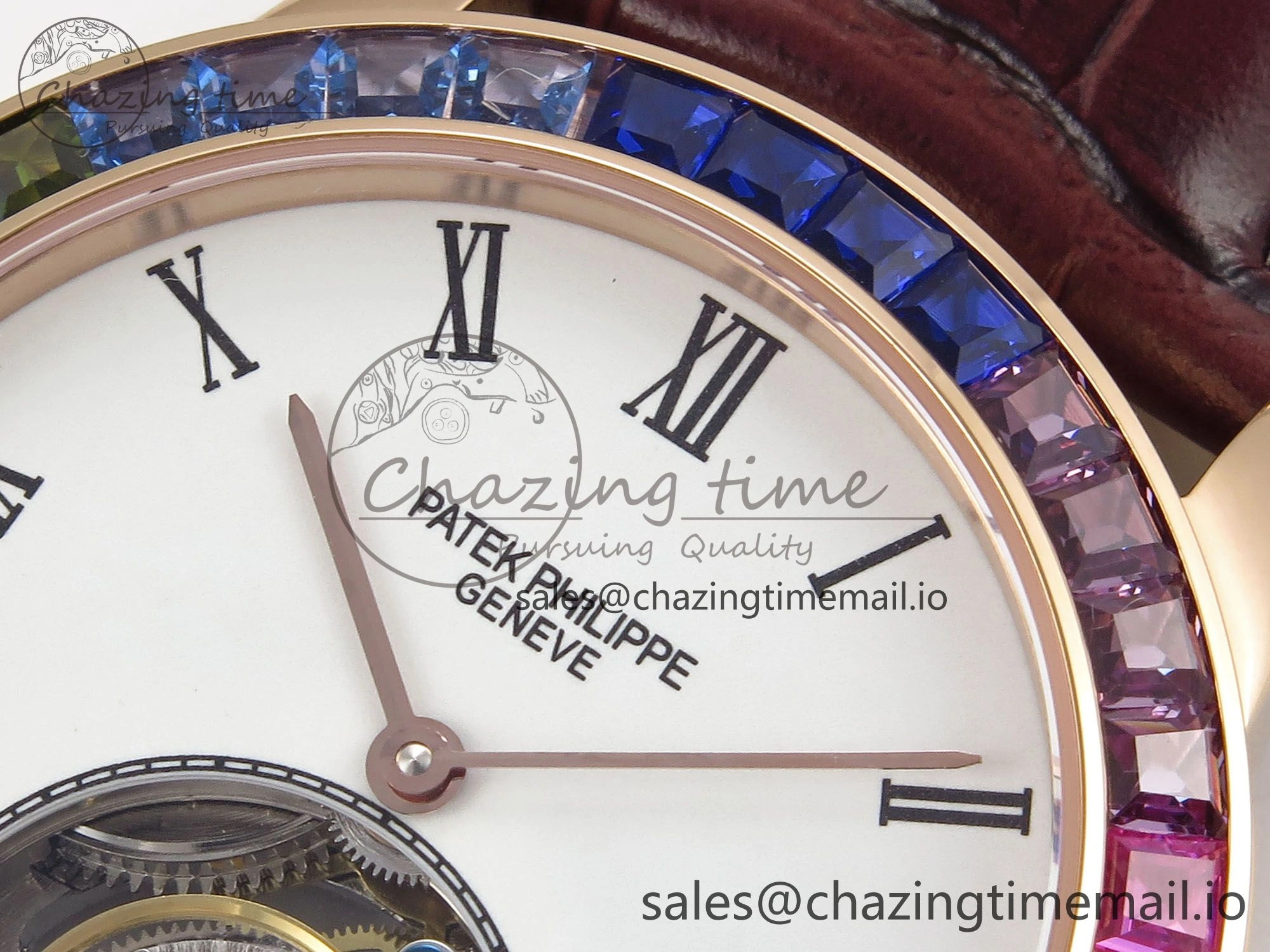 Sleek PP Tourbillon RG Rainbow Bezel RMSF Edition White Dial on Brown Leather Strap 8686