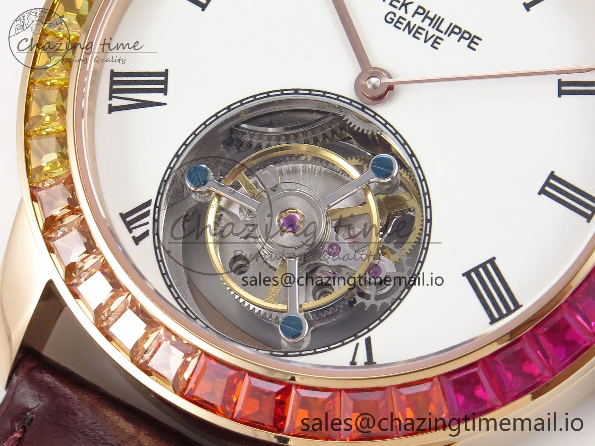 Sleek PP Tourbillon RG Rainbow Bezel RMSF Edition White Dial on Brown Leather Strap 8686