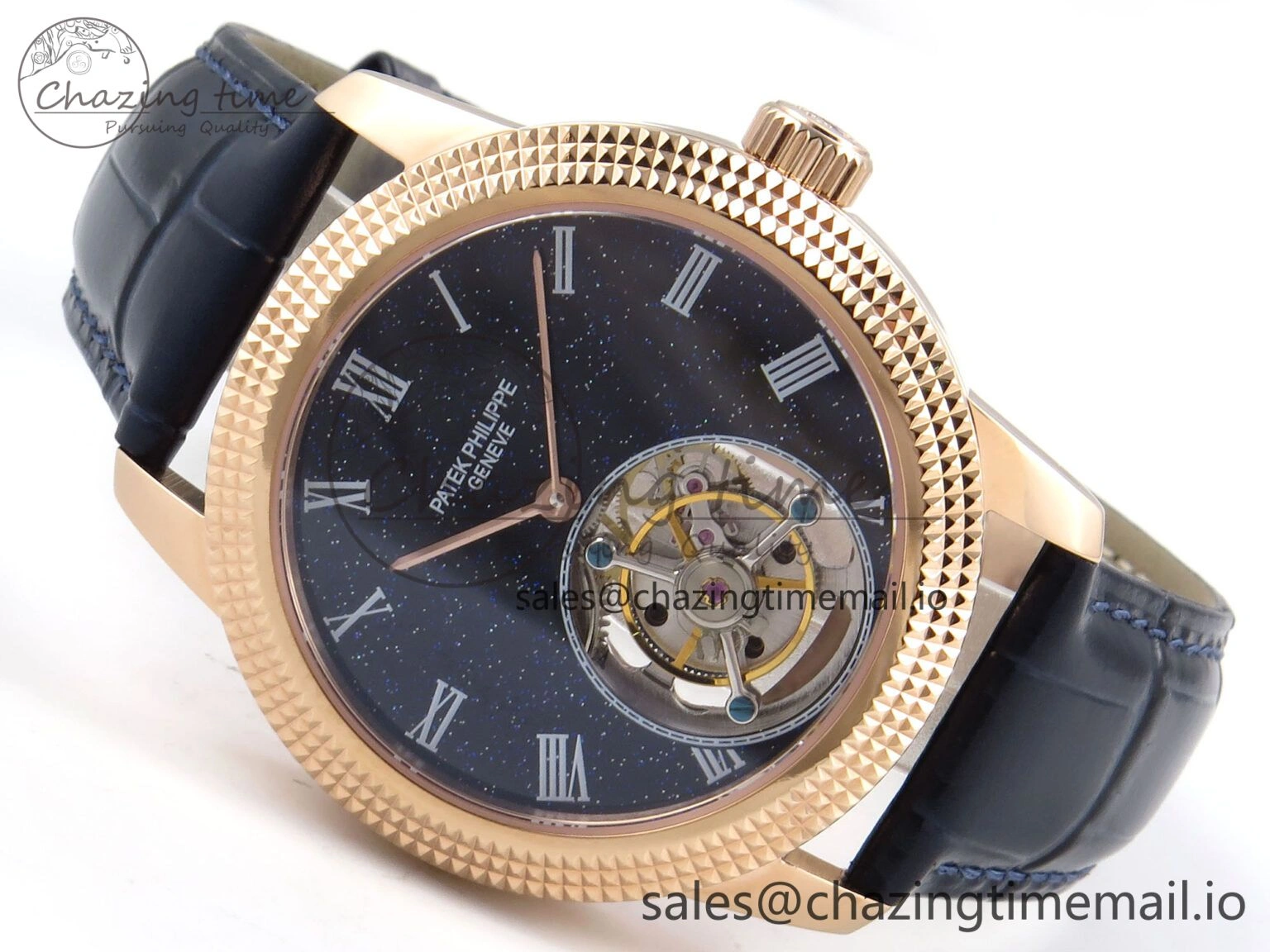 PP Tourbillon RG Texuted Bezel RMSF Edition Black Starry Dial on Blue Leather Strap MultiPurpose 8689