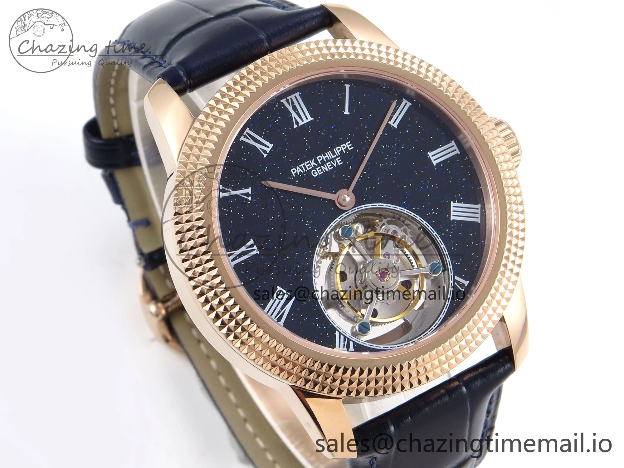 PP Tourbillon RG Texuted Bezel RMSF Edition Black Starry Dial on Blue Leather Strap MultiPurpose 8689