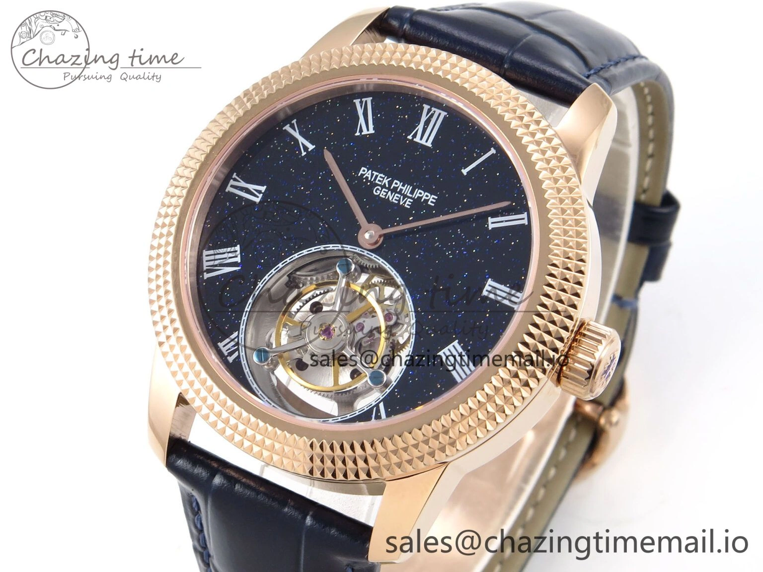 PP Tourbillon RG Texuted Bezel RMSF Edition Black Starry Dial on Blue Leather Strap MultiPurpose 8689