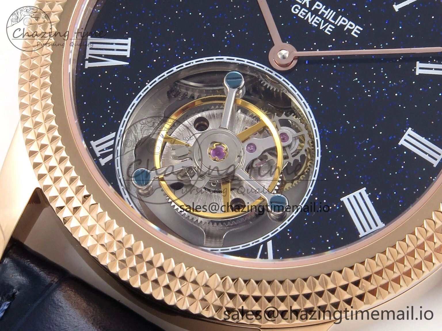 PP Tourbillon RG Texuted Bezel RMSF Edition Black Starry Dial on Blue Leather Strap MultiPurpose 8689
