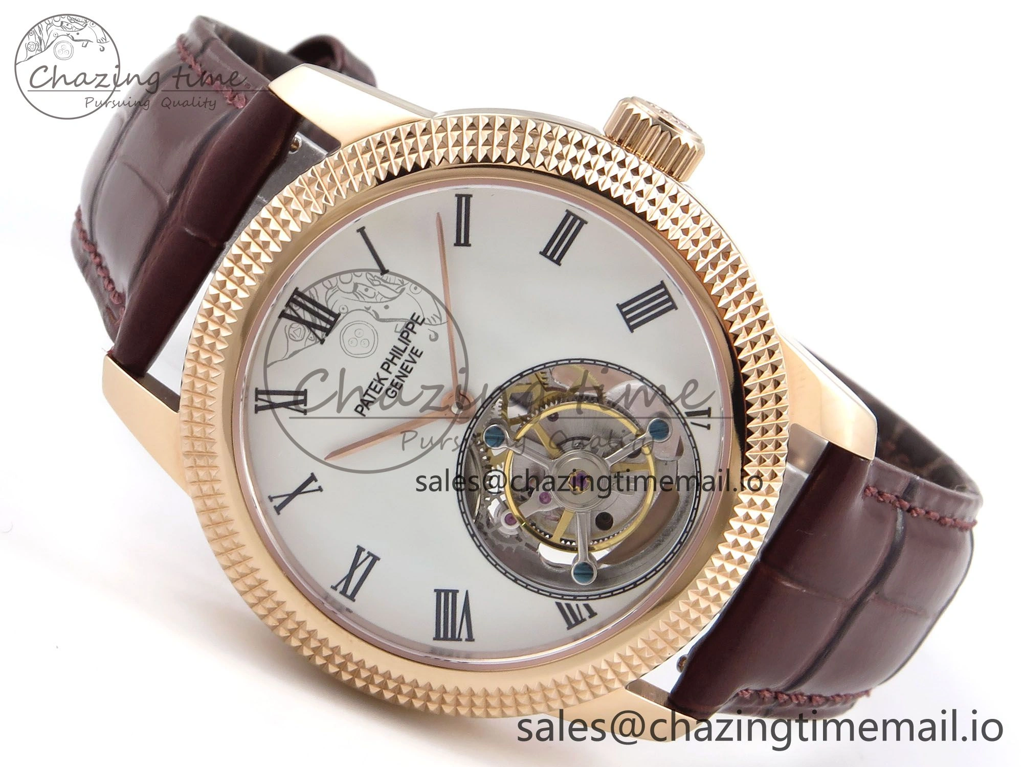 TravelReady PP Tourbillon RG Texuted Bezel RMSF Edition White Dial on Brown Leather Strap 8690