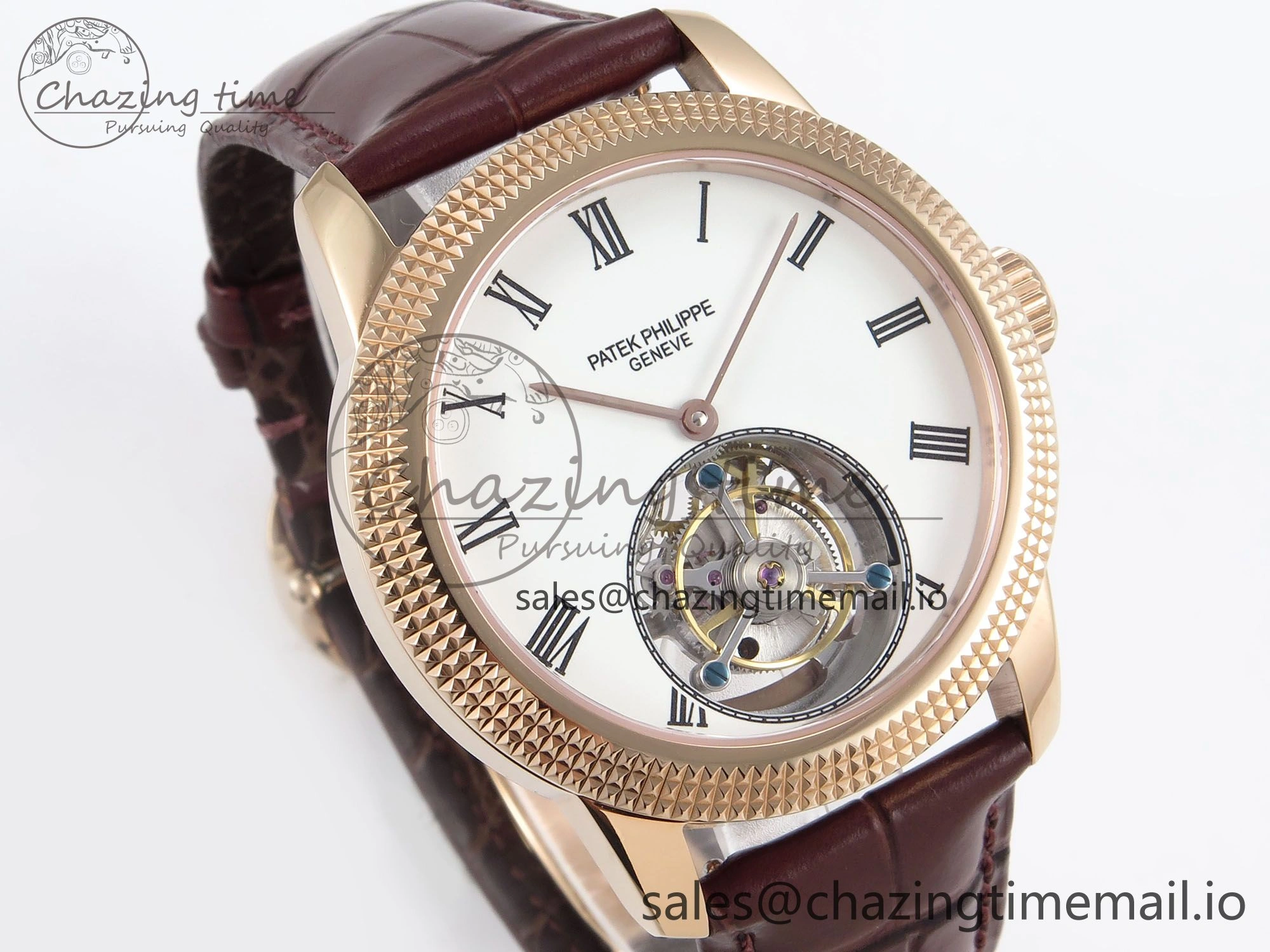 TravelReady PP Tourbillon RG Texuted Bezel RMSF Edition White Dial on Brown Leather Strap 8690