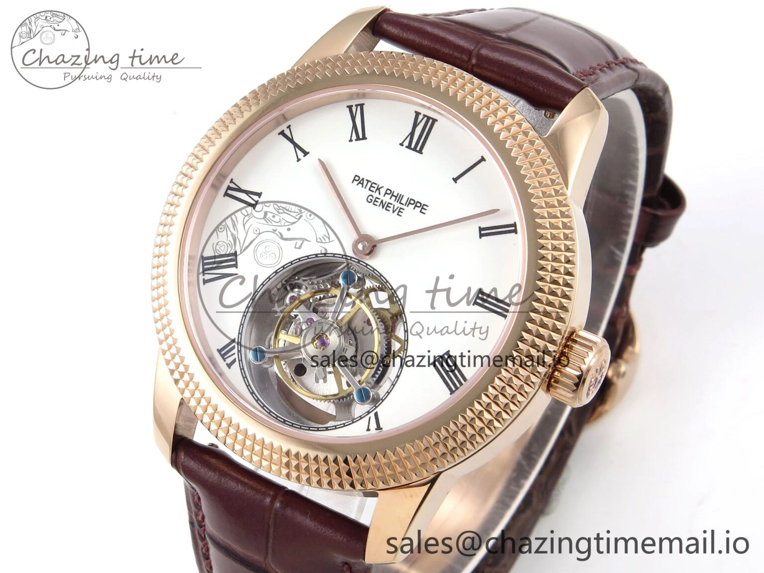 TravelReady PP Tourbillon RG Texuted Bezel RMSF Edition White Dial on Brown Leather Strap 8690