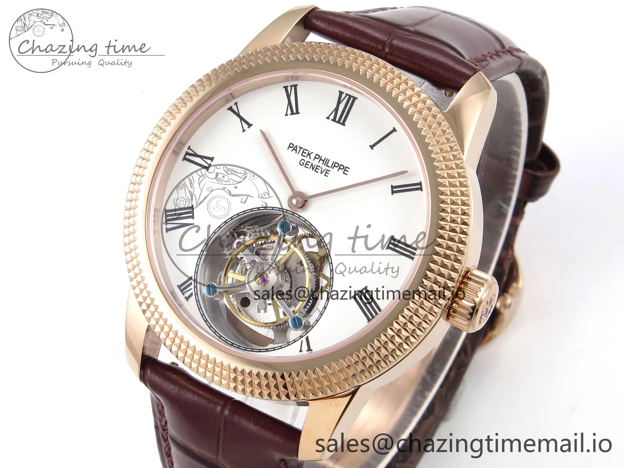 TravelReady PP Tourbillon RG Texuted Bezel RMSF Edition White Dial on Brown Leather Strap 8690