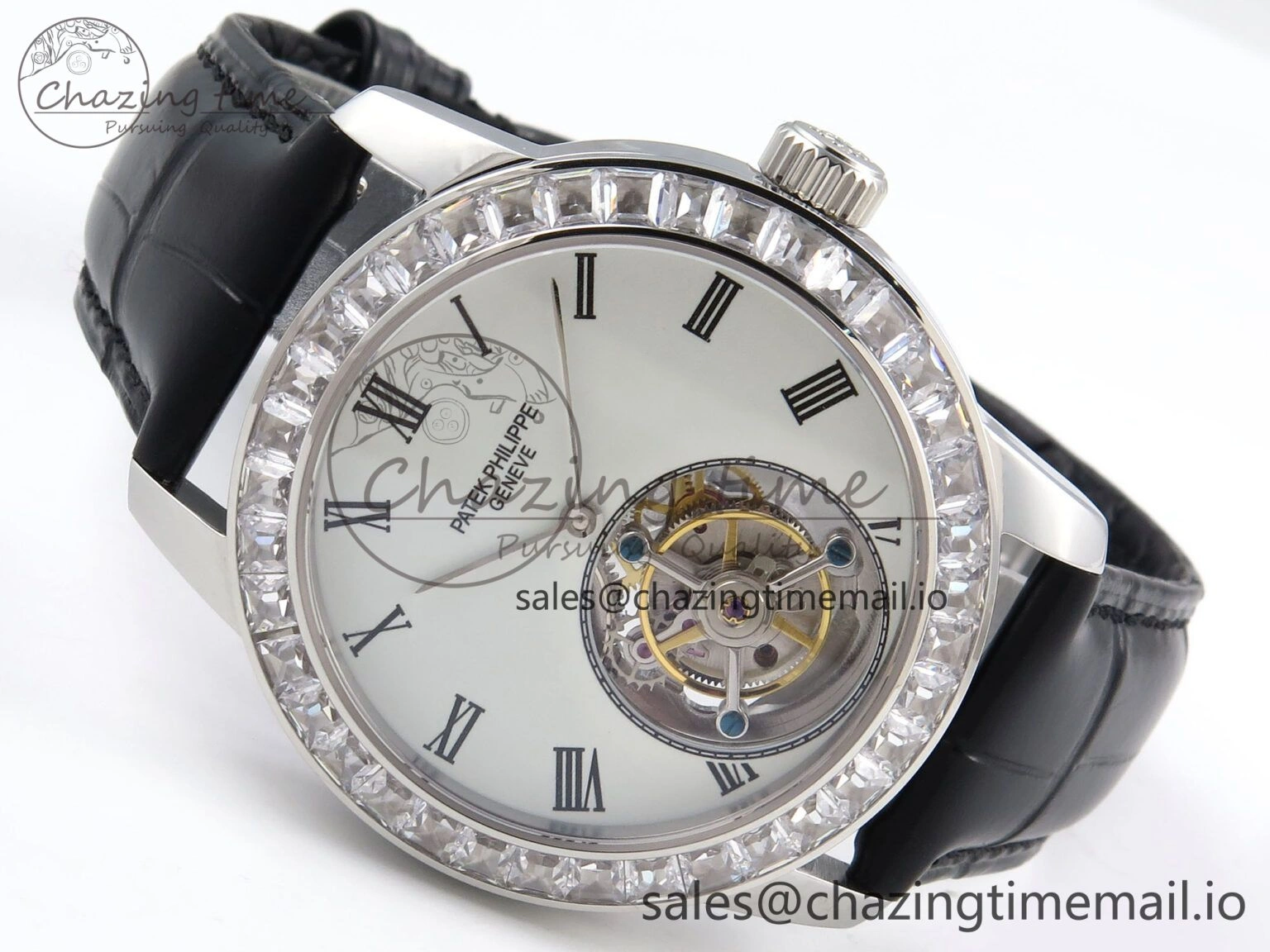 Vibrant PP Tourbillon SS Diamonds Bezel RMSF Edition White Dial on Black Leather Strap 8684