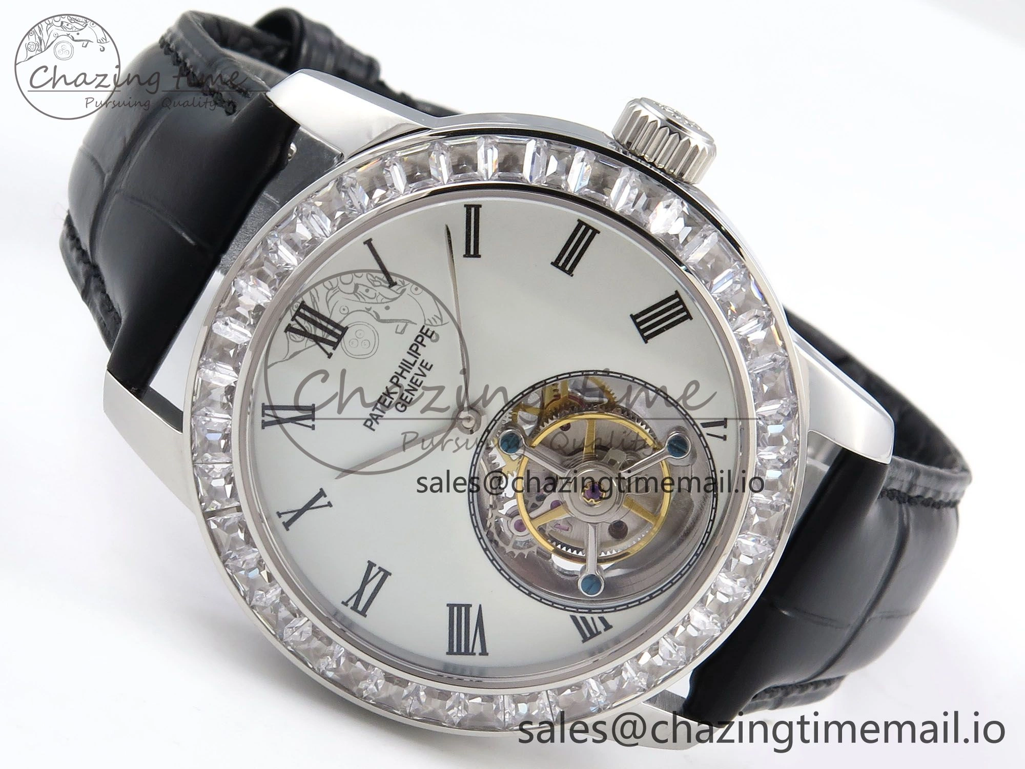 Vibrant PP Tourbillon SS Diamonds Bezel RMSF Edition White Dial on Black Leather Strap 8684