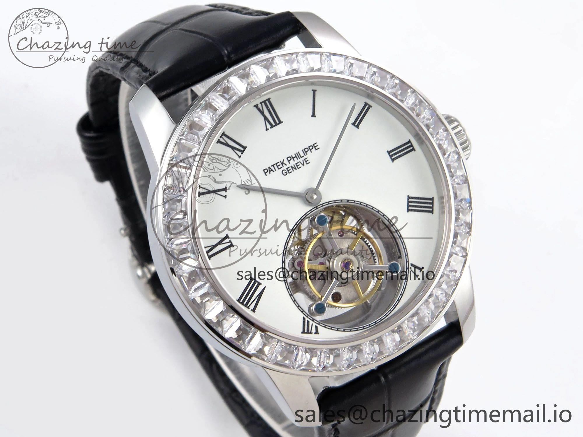 Vibrant PP Tourbillon SS Diamonds Bezel RMSF Edition White Dial on Black Leather Strap 8684