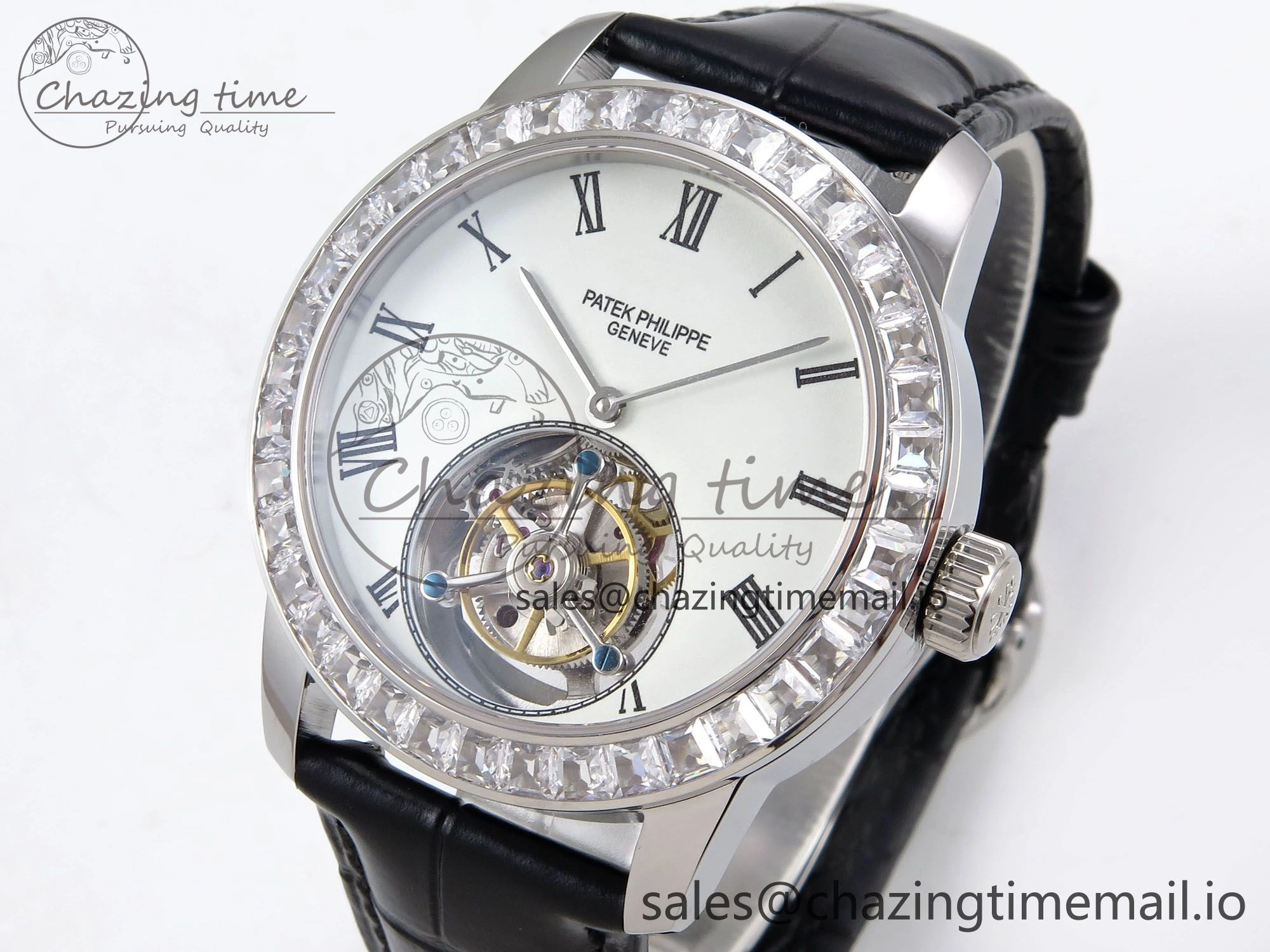 Vibrant PP Tourbillon SS Diamonds Bezel RMSF Edition White Dial on Black Leather Strap 8684