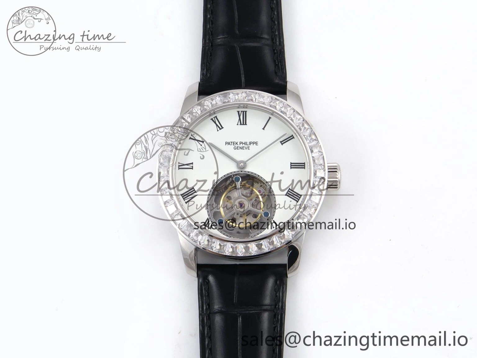 Vibrant PP Tourbillon SS Diamonds Bezel RMSF Edition White Dial on Black Leather Strap 8684