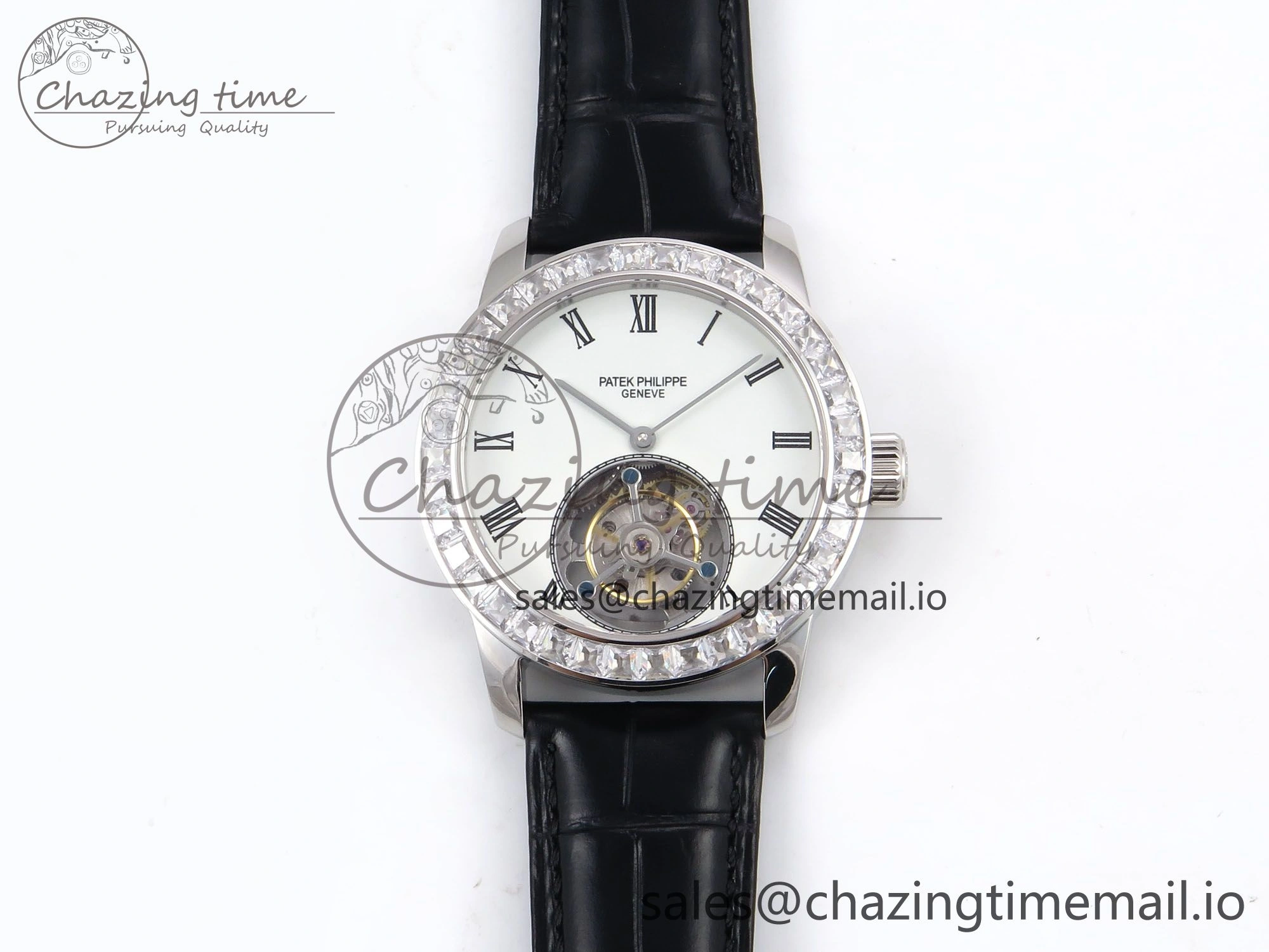 Vibrant PP Tourbillon SS Diamonds Bezel RMSF Edition White Dial on Black Leather Strap 8684