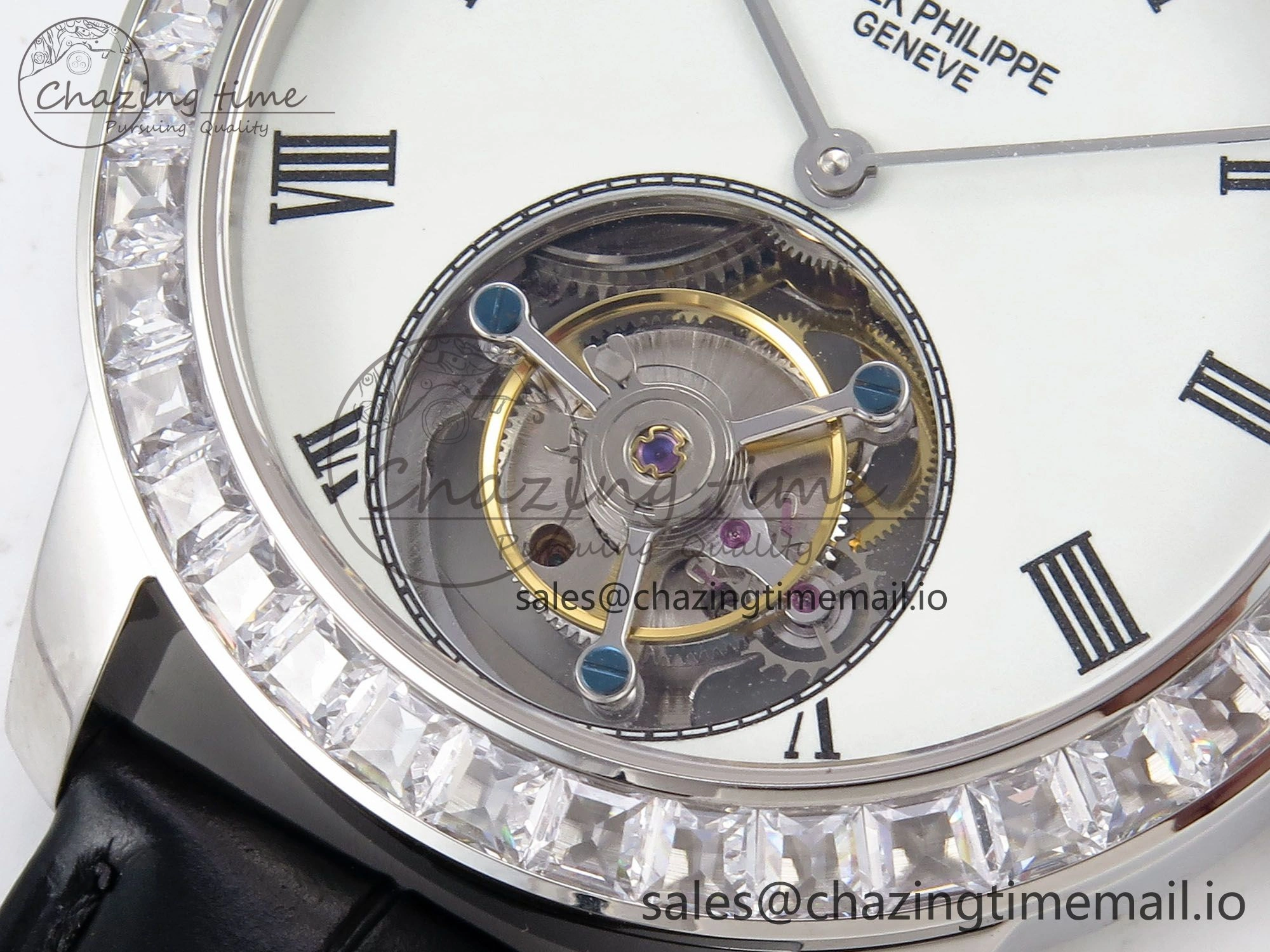 Vibrant PP Tourbillon SS Diamonds Bezel RMSF Edition White Dial on Black Leather Strap 8684