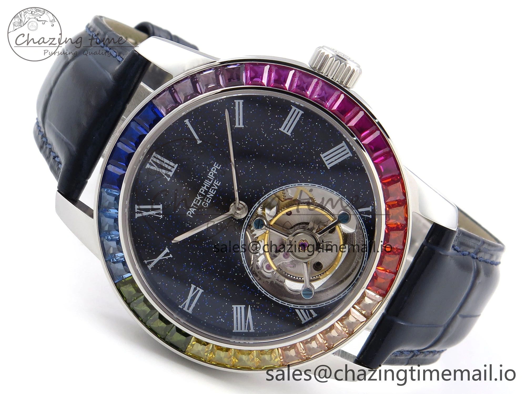 PP Tourbillon SS Rainbow Bezel RMSF Edition Black Starry Dial on Blue Leather Strap DailyWear 8687