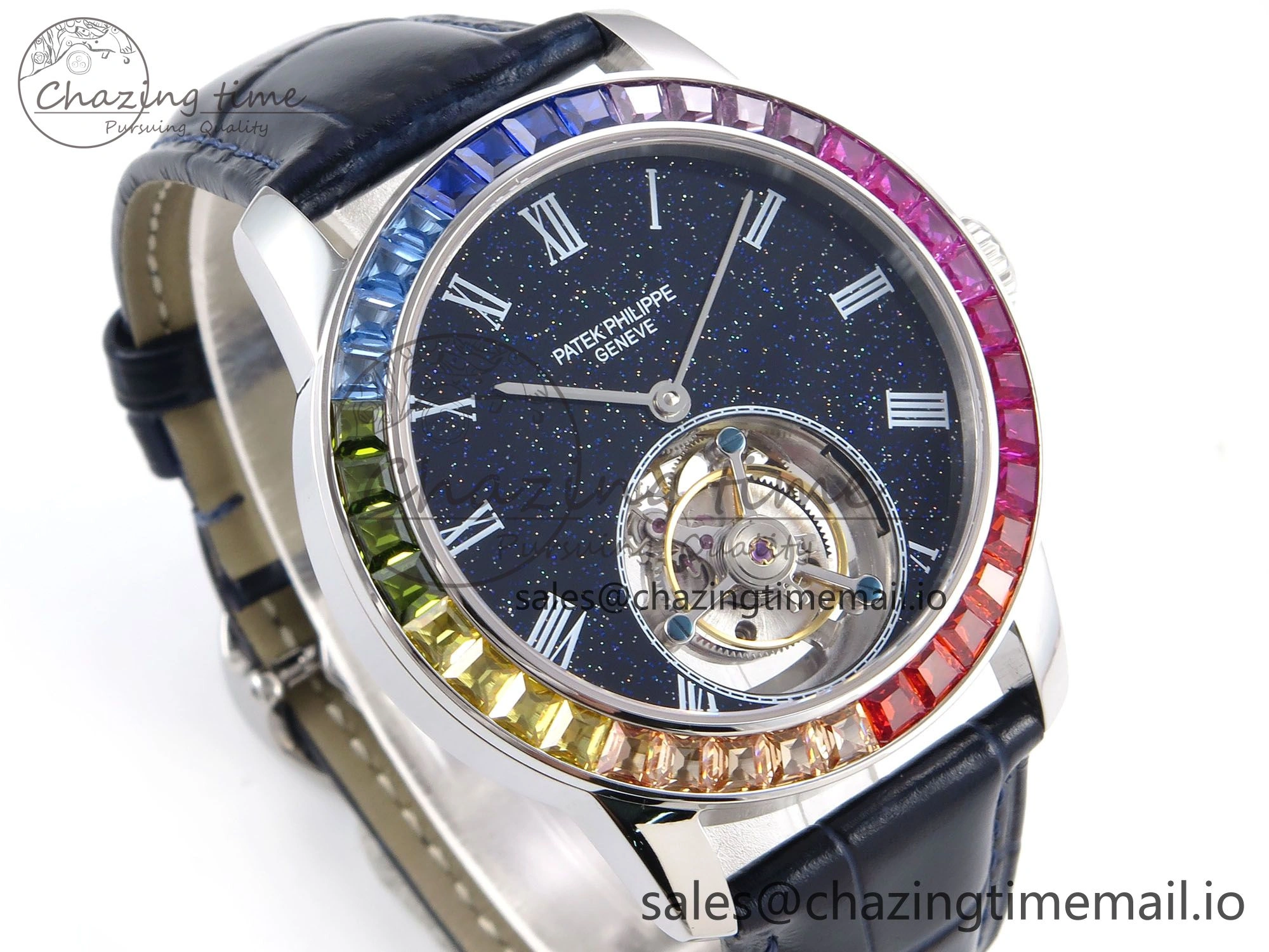 PP Tourbillon SS Rainbow Bezel RMSF Edition Black Starry Dial on Blue Leather Strap DailyWear 8687