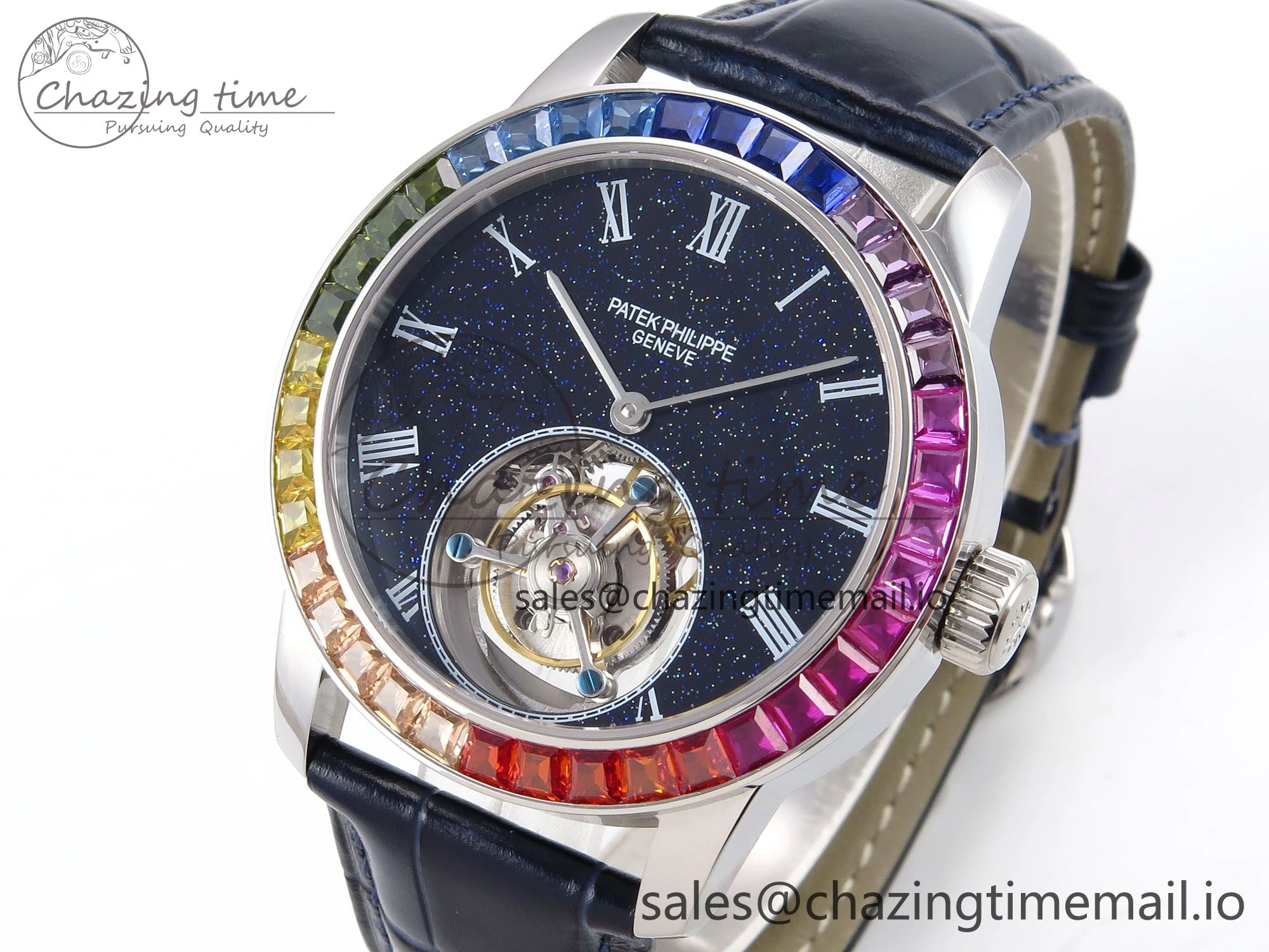 PP Tourbillon SS Rainbow Bezel RMSF Edition Black Starry Dial on Blue Leather Strap DailyWear 8687